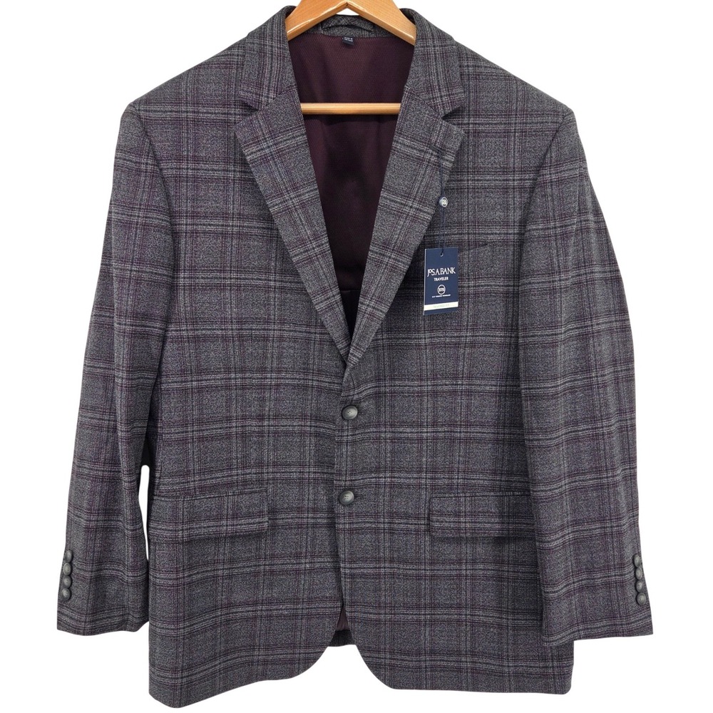 Jos A‎ Bank Traveler Blazer Mens 44R Grey Plaid Wool Blend Tailored Fit